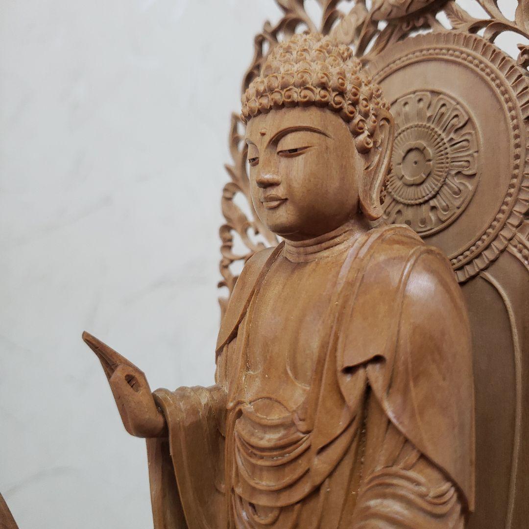 Ｂフライデー後背羅漢彫★総白檀 阿弥陀如来三尊像6寸立 眼入観音菩薩・勢至菩薩付