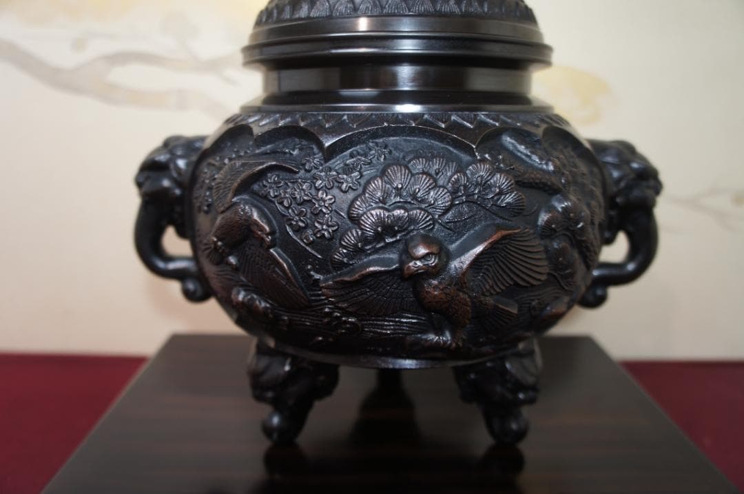 ★美品 未使用 高岡銅器 瑞峰作 新特大 花鳥 高級銅製香炉工芸作家造 送料込み