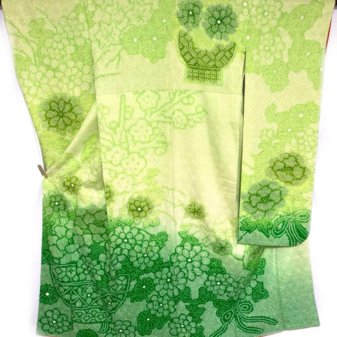 4k2291 振袖　正絹　袷　藤娘きぬたや　総絞り　緑　白　花柄