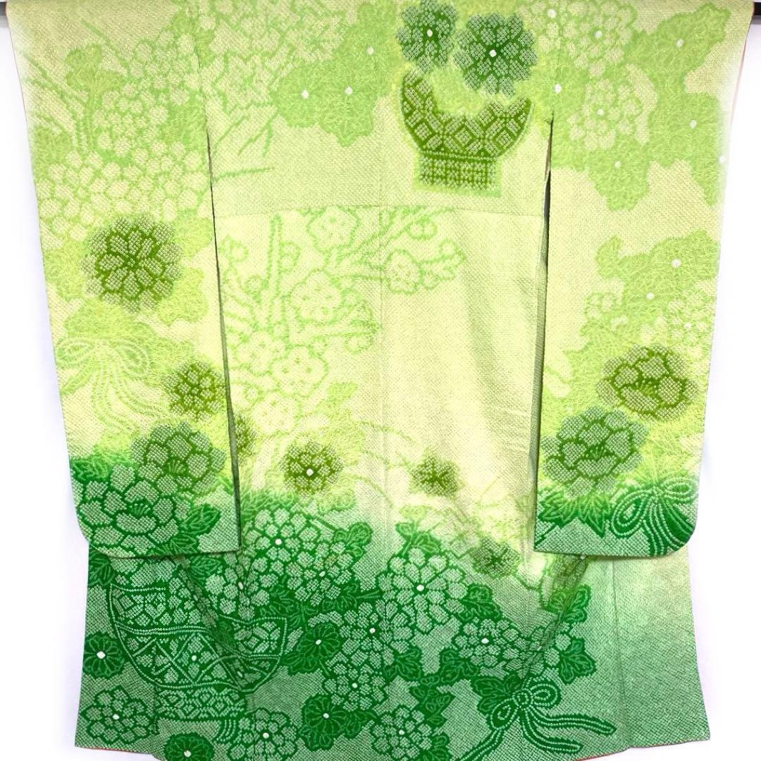 4k2291 振袖　正絹　袷　藤娘きぬたや　総絞り　緑　白　花柄