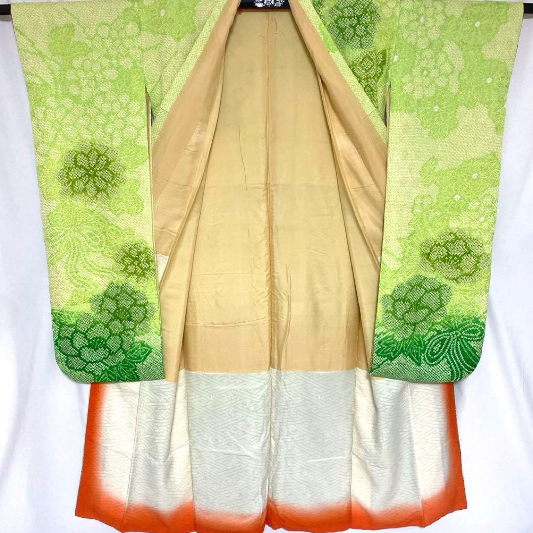 4k2291 振袖　正絹　袷　藤娘きぬたや　総絞り　緑　白　花柄