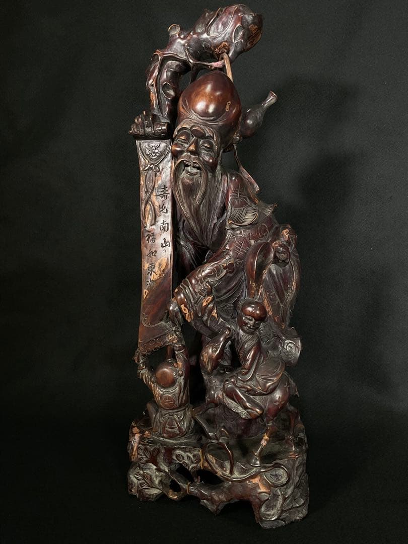 時代木彫　桃仙人　寿比南山 福如東海　寿老人　置物　中国美術　高さ約62cm