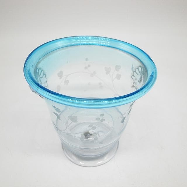 大正ガラス　水色縁　アイスペール　氷入れ　花器