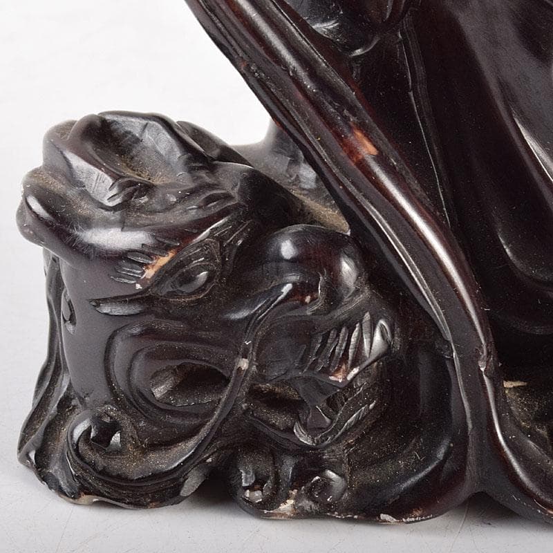 中国　玉石蝋石　唐子観音像　置物　唐木台付　M　R4735