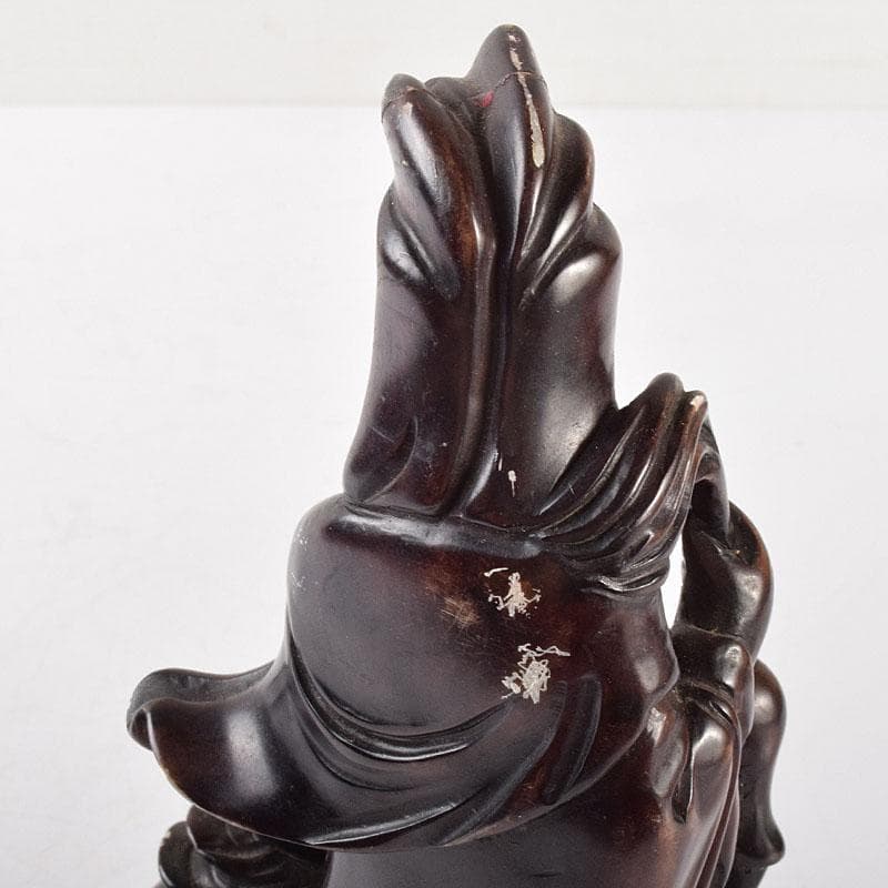 中国　玉石蝋石　唐子観音像　置物　唐木台付　M　R4735