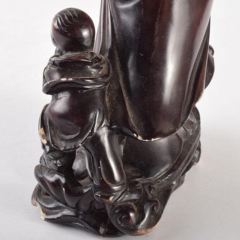 中国　玉石蝋石　唐子観音像　置物　唐木台付　M　R4735