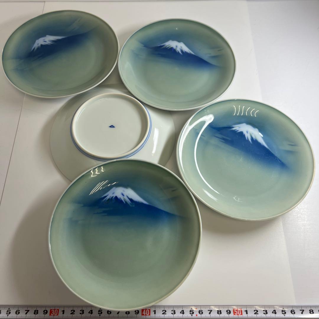 明治時代　深川製　富士図中皿5枚　直径約17.5㎝　東Y7-1104☆2Fタカオ