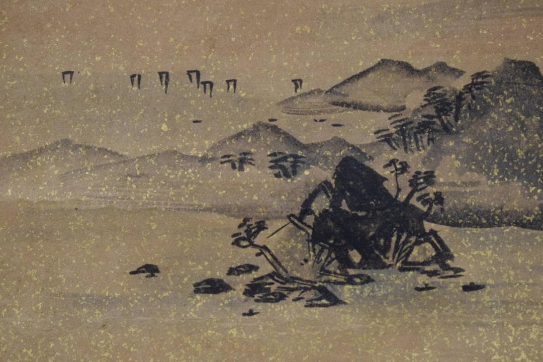 【真作】歌川廣重/一立斎印/山海帆舟図/小品/金泥山水図/掛軸☆宝船☆Z-397