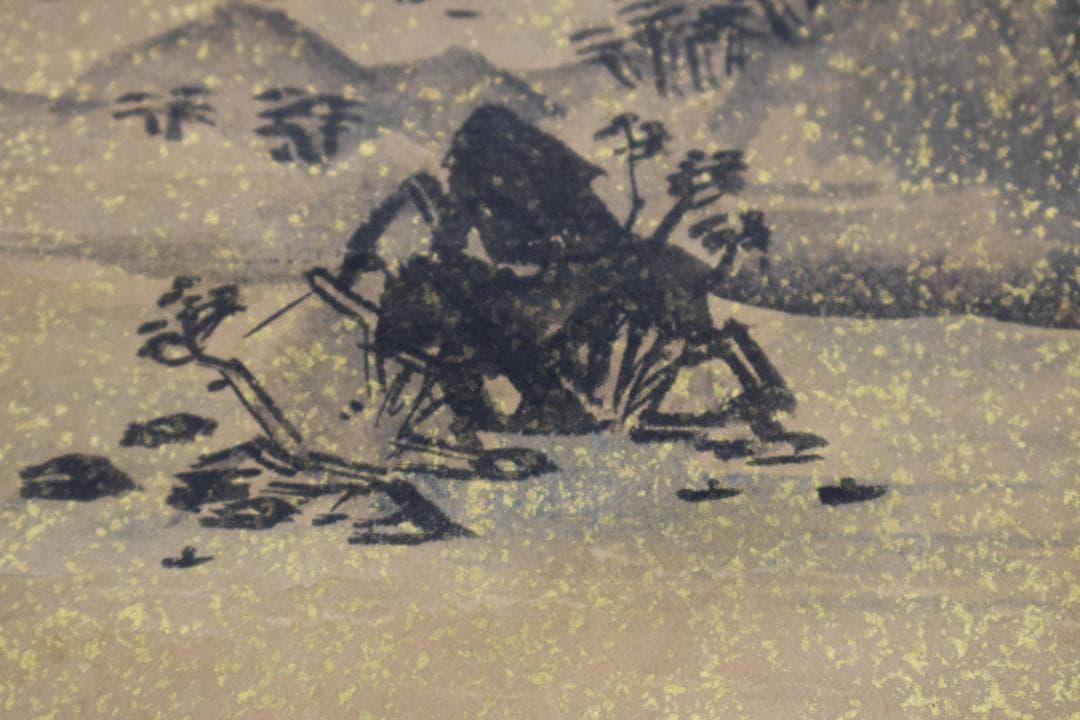 【真作】歌川廣重/一立斎印/山海帆舟図/小品/金泥山水図/掛軸☆宝船☆Z-397