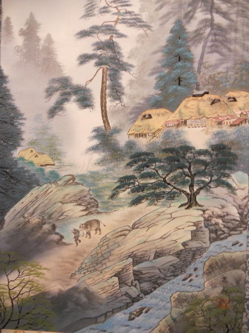 掛け軸 忠義 彩色山水 絹本 希少 軸装 茶道具 掛軸 美品 二重化粧箱 です。