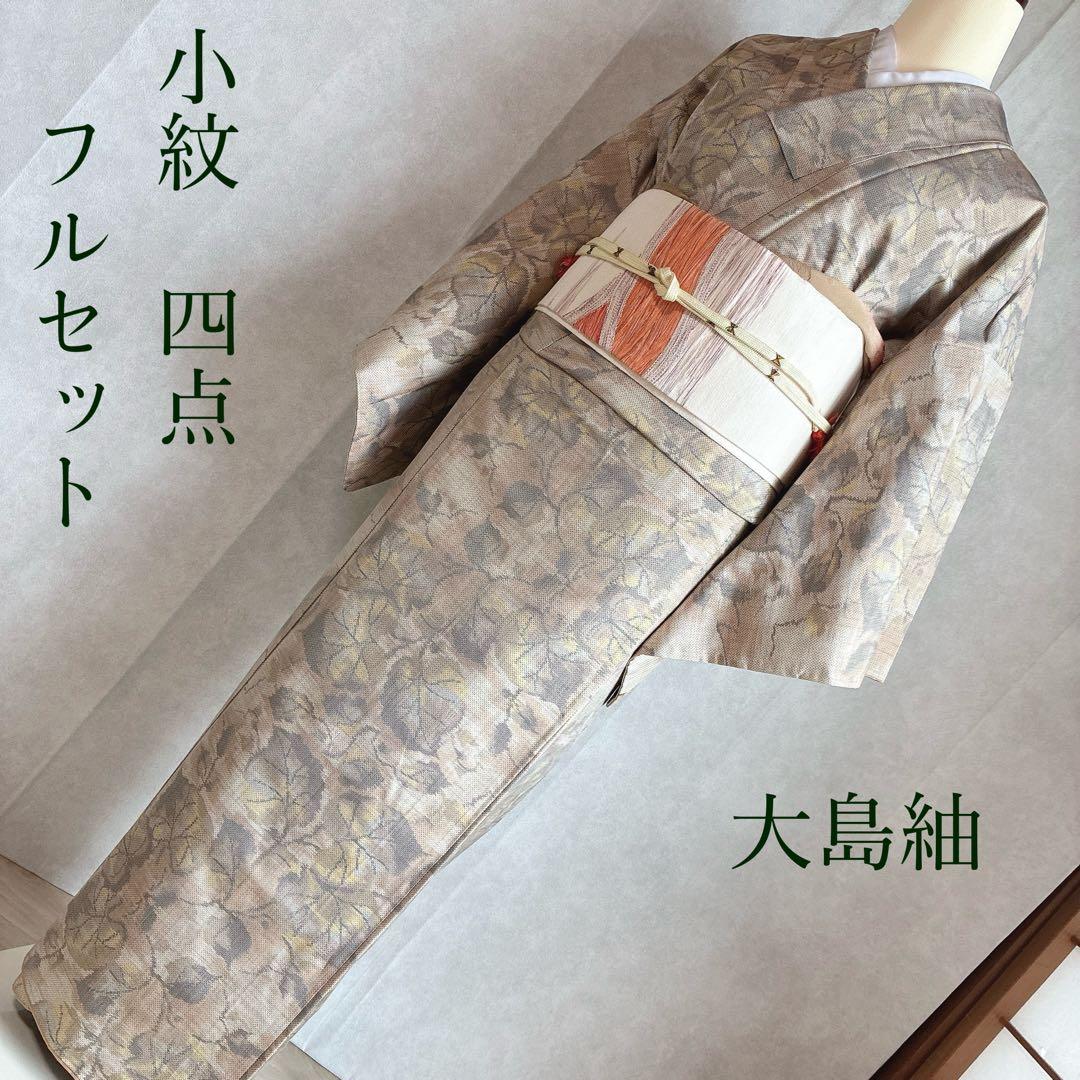 小紋　フルセット　大島紬　着物　正絹　秋の葉　名古屋帯　J5