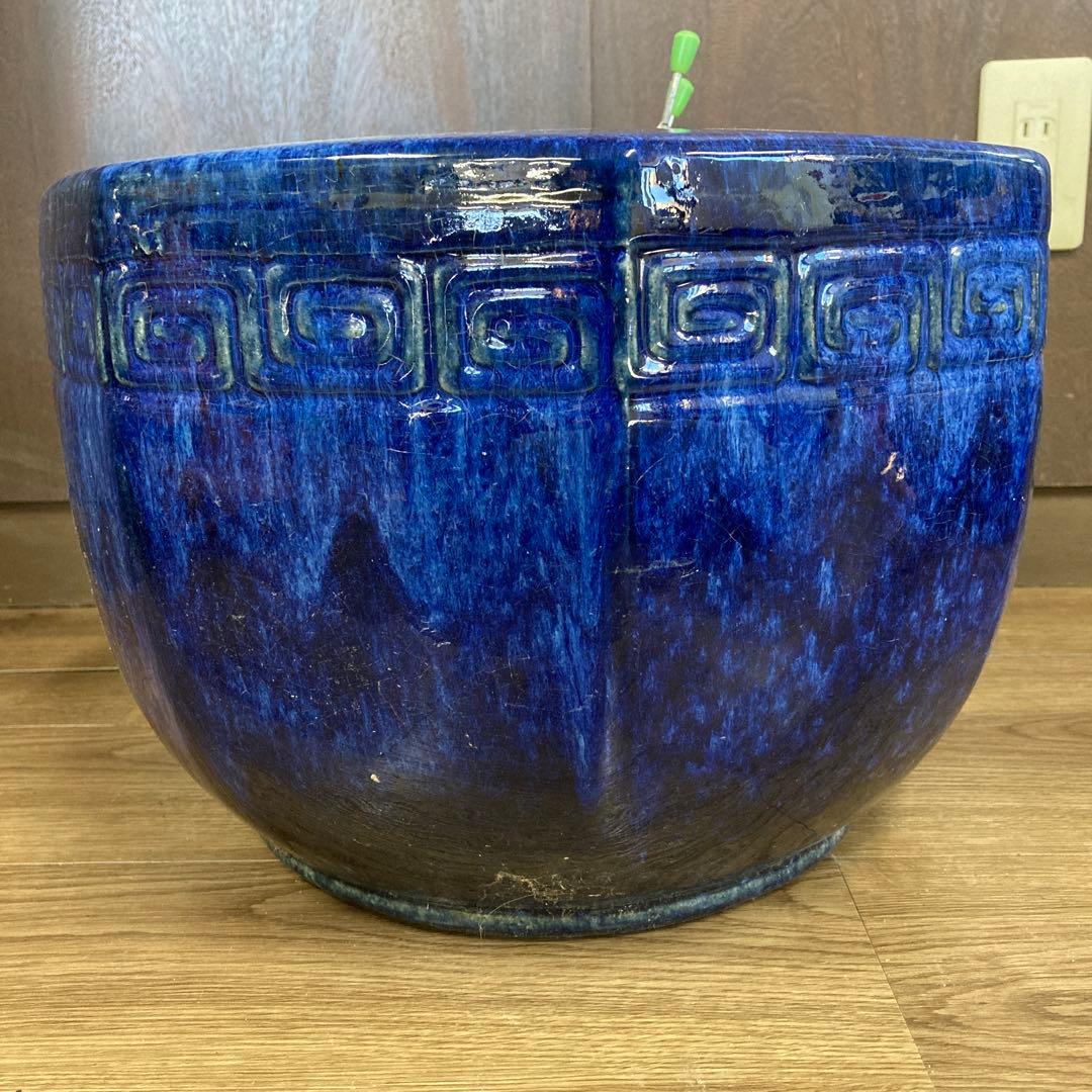 棚下 【希少・美品】大型 火鉢 陶器製 瑠璃釉 浮き彫り文様 メダカ鉢 海鼠釉
