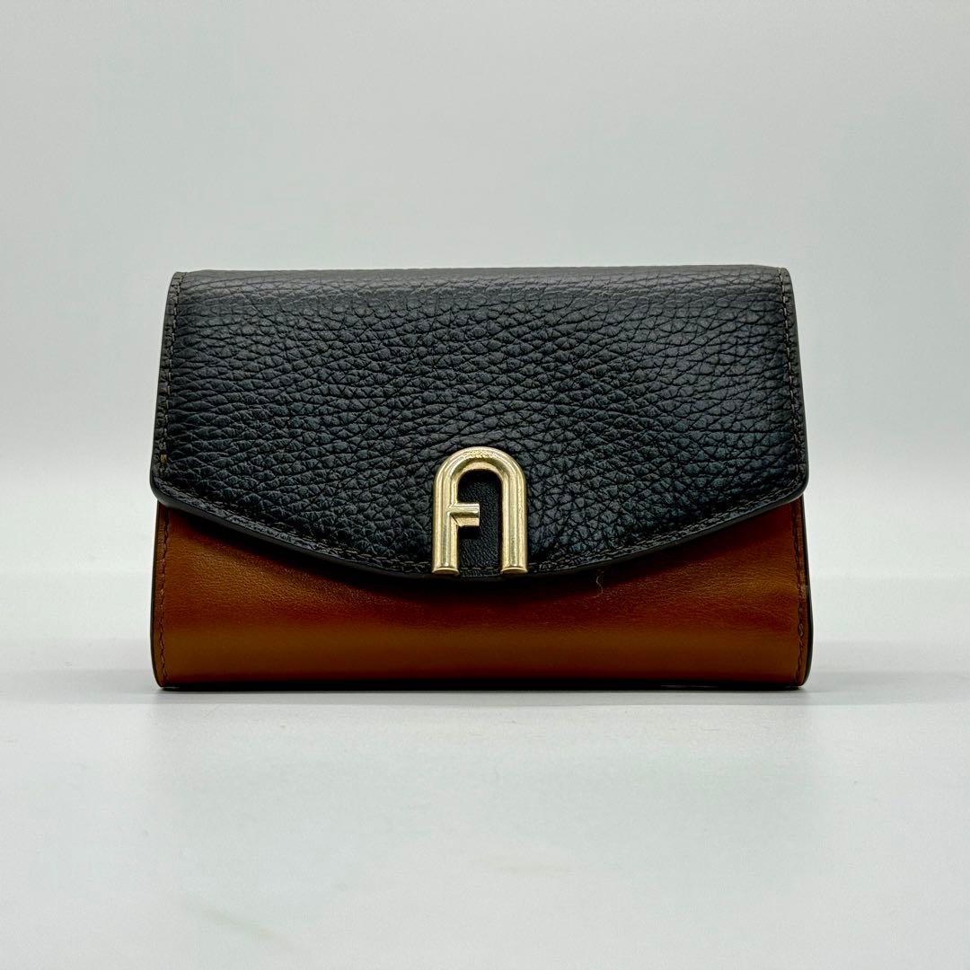 超美品★FURLA 二つ折り財布 ブラック×ブラウン レザー