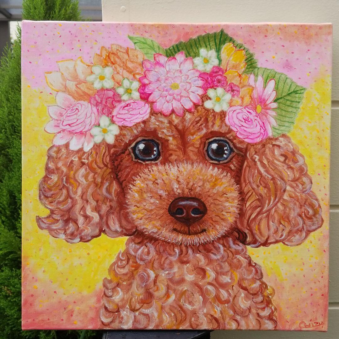 油絵　ちえ　花冠のかわいいトイプードル