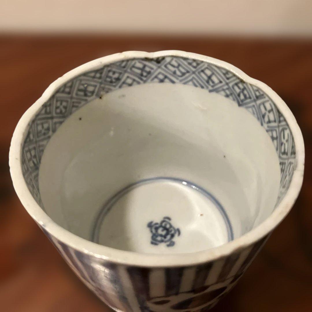 江戸中期縦線雪輪文蕎猪口　アンティーク