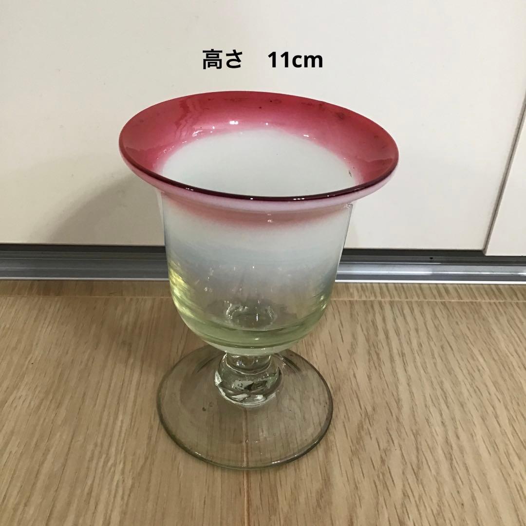 アンティーク　明治〜大正　手吹き　ガラス　厚底　3色氷コップ　赤ふち　氷水