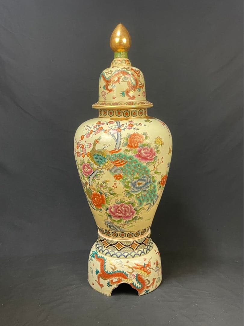 薩摩 沈香壺 龍 花鳥図 高さ約107cm 飾壺 特大花瓶 牡丹 孔雀 金彩