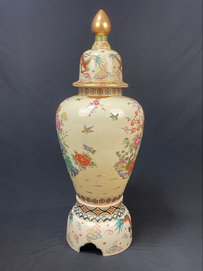 薩摩 沈香壺 龍 花鳥図 高さ約107cm 飾壺 特大花瓶 牡丹 孔雀 金彩