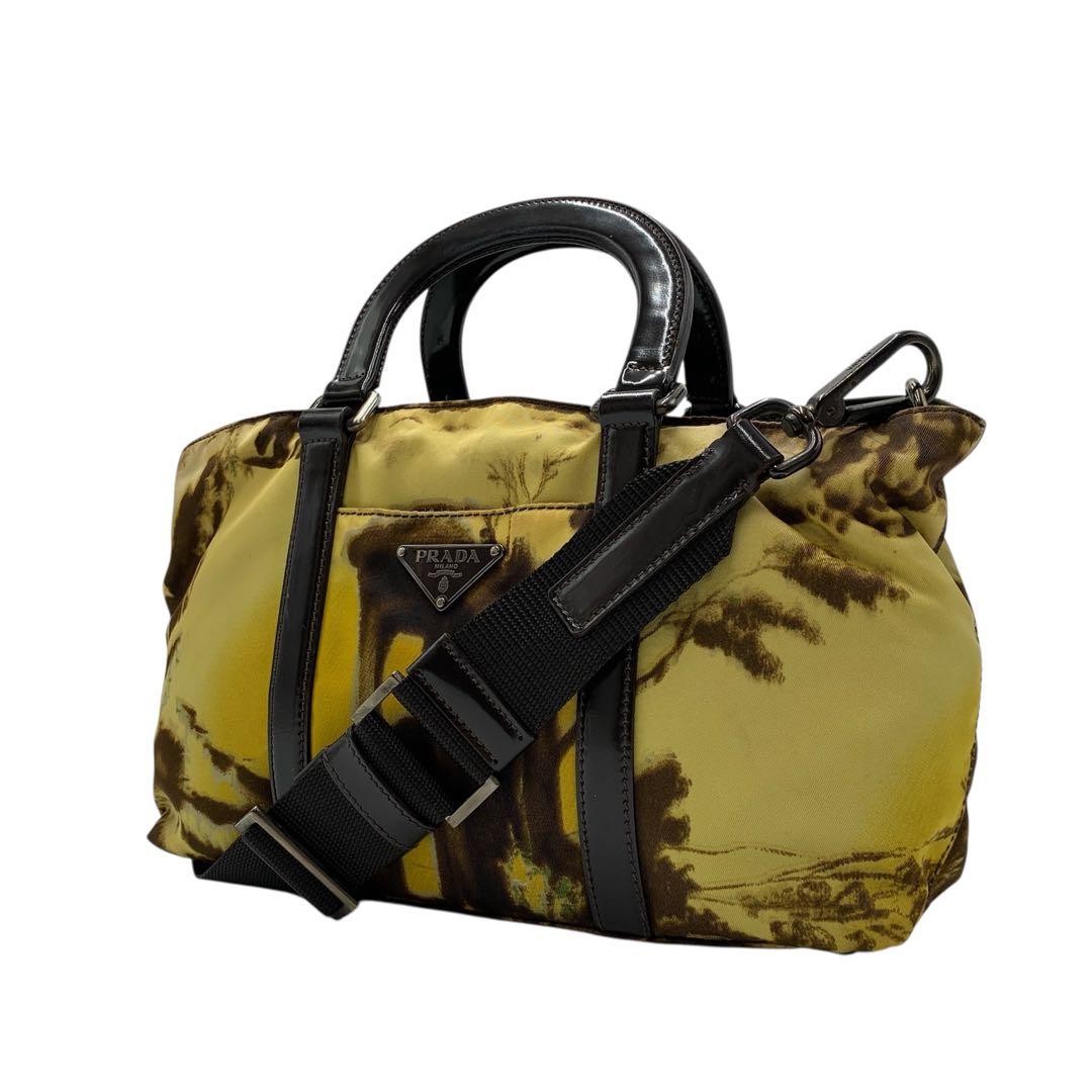 【極美品】プラダPRADA 2way ハンドバッグ ナイロン イエロー ブラウン