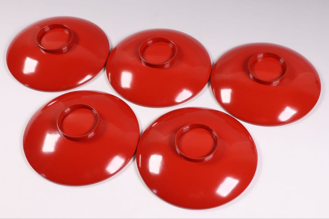 【CM373】時代木製漆器 光琳写 金蒔絵 群鶴図 朱塗 引盃 五客 小皿 杯