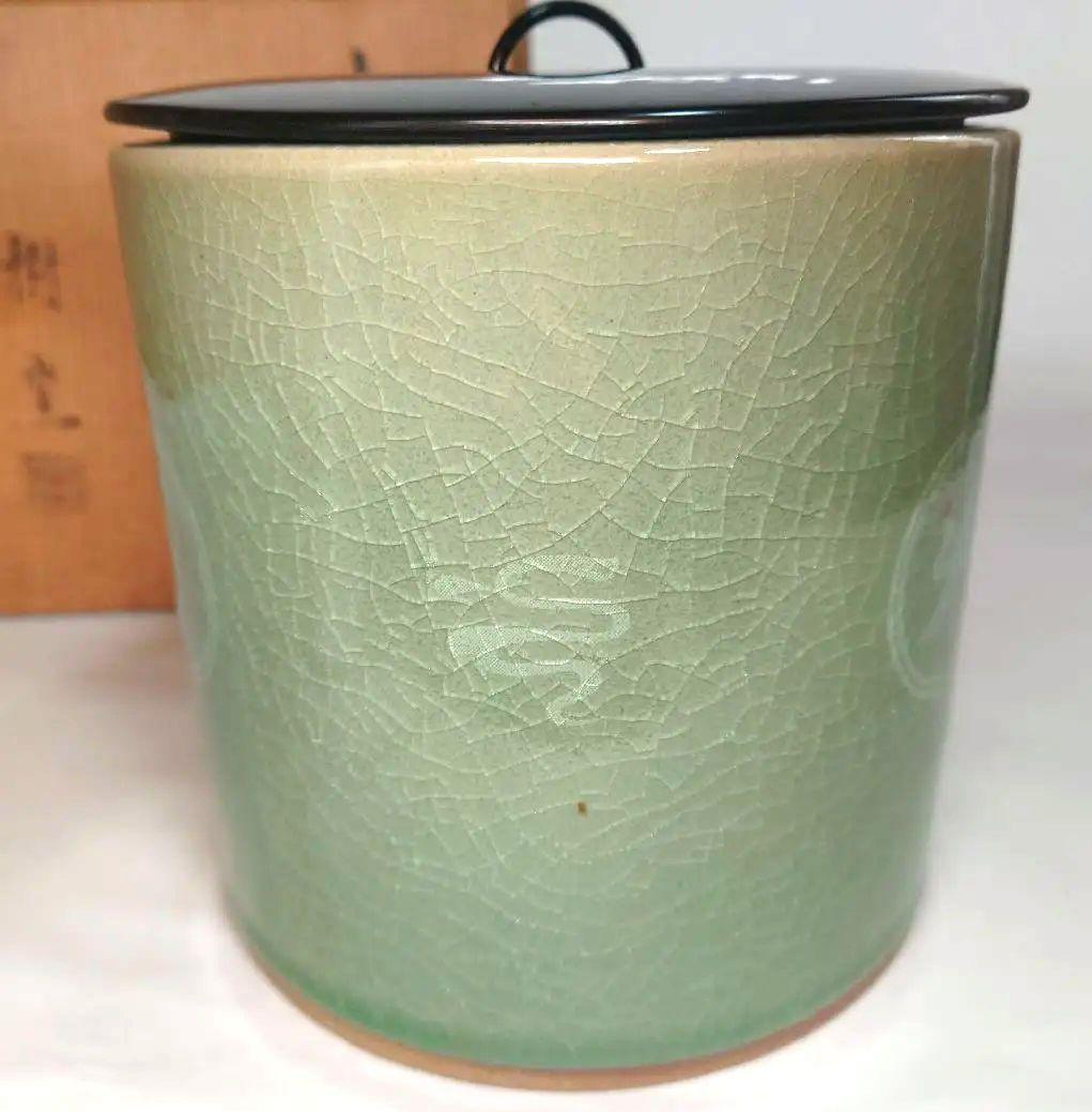 樹窯　川合正樹　青磁鶴雲文水指　共箱