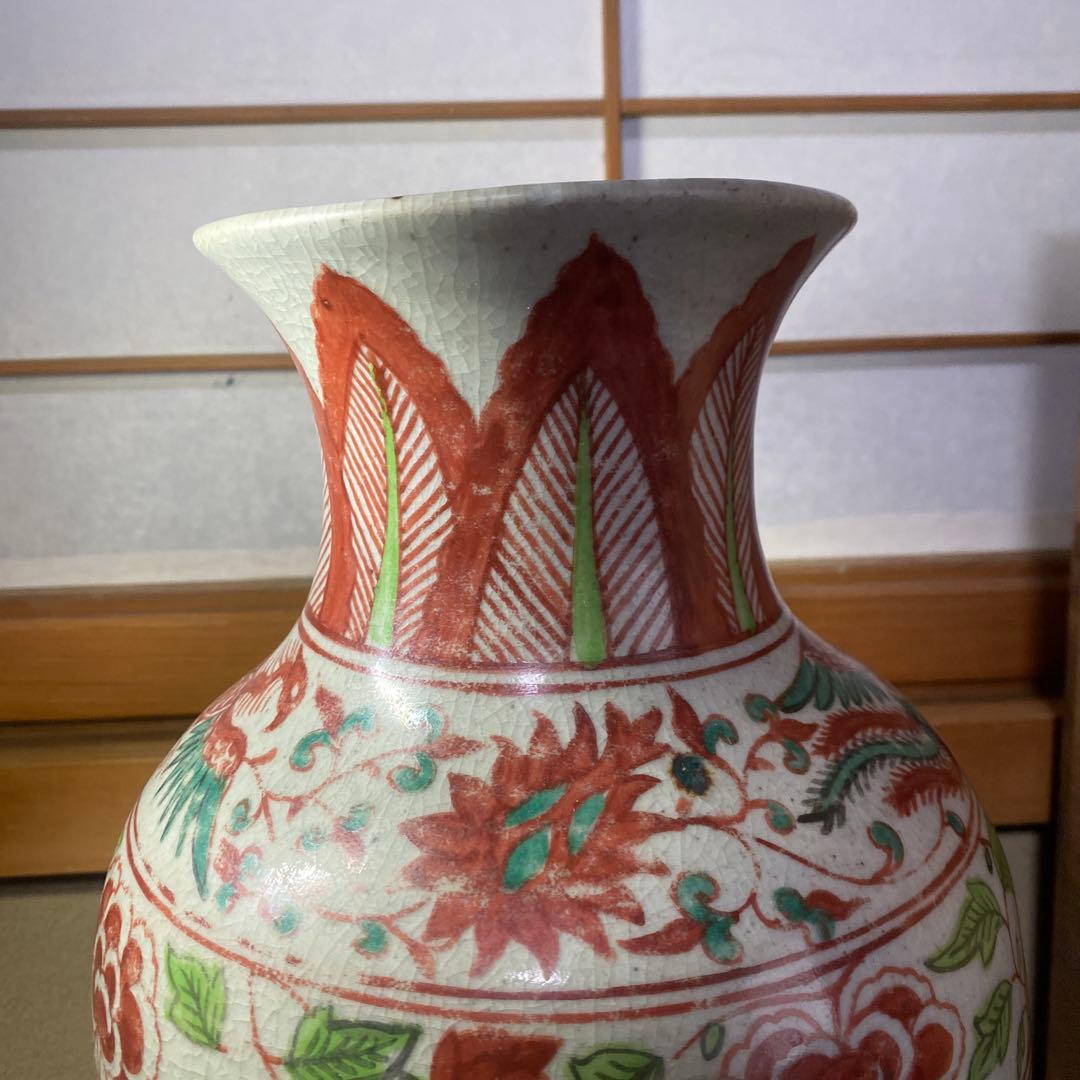 中国古玩　色絵鳳凰龍図花瓶【桐箱付】