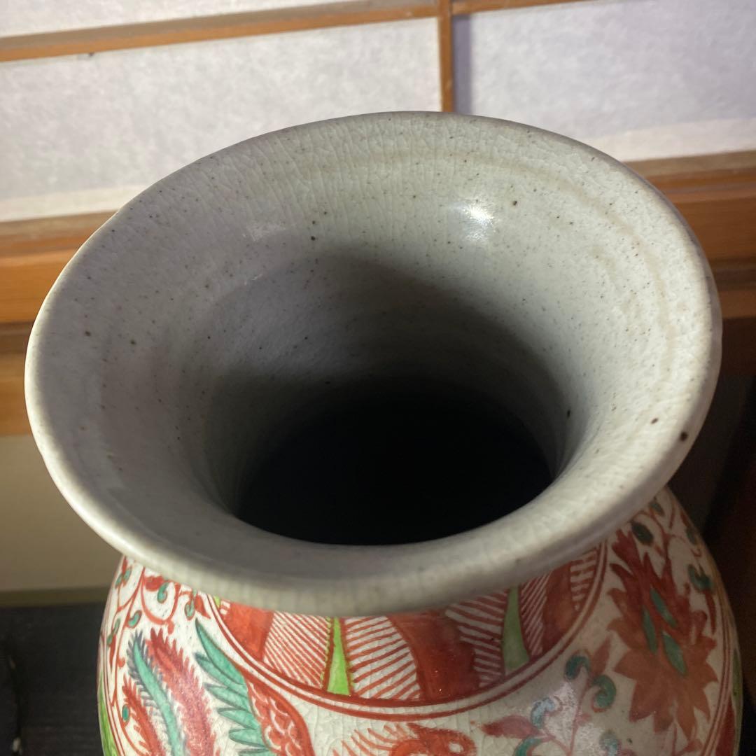 中国古玩　色絵鳳凰龍図花瓶【桐箱付】