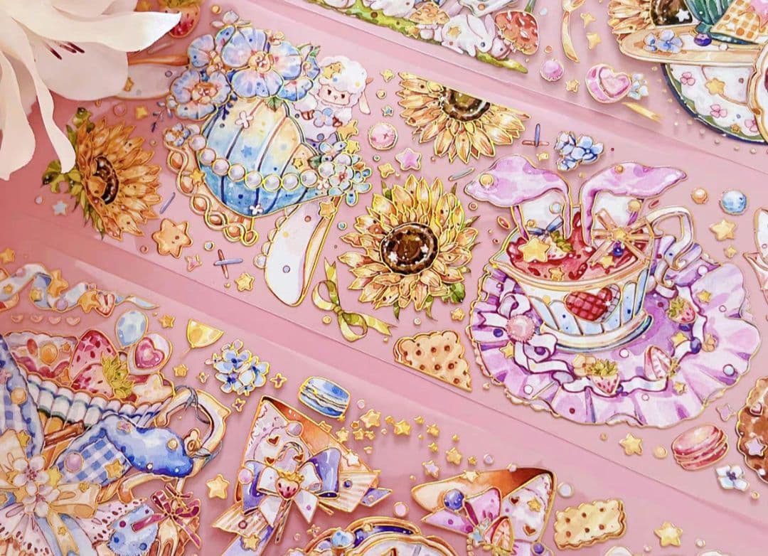 巻売 487★ 海外 マスキングテープ マステ PET 装飾 動物 紅茶 金ホロ