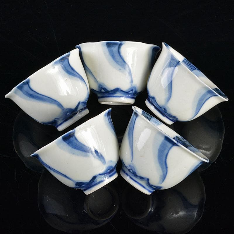 永楽善五郎造　染付　捻り文　煎茶碗　五客　時代箱付　V　R5390