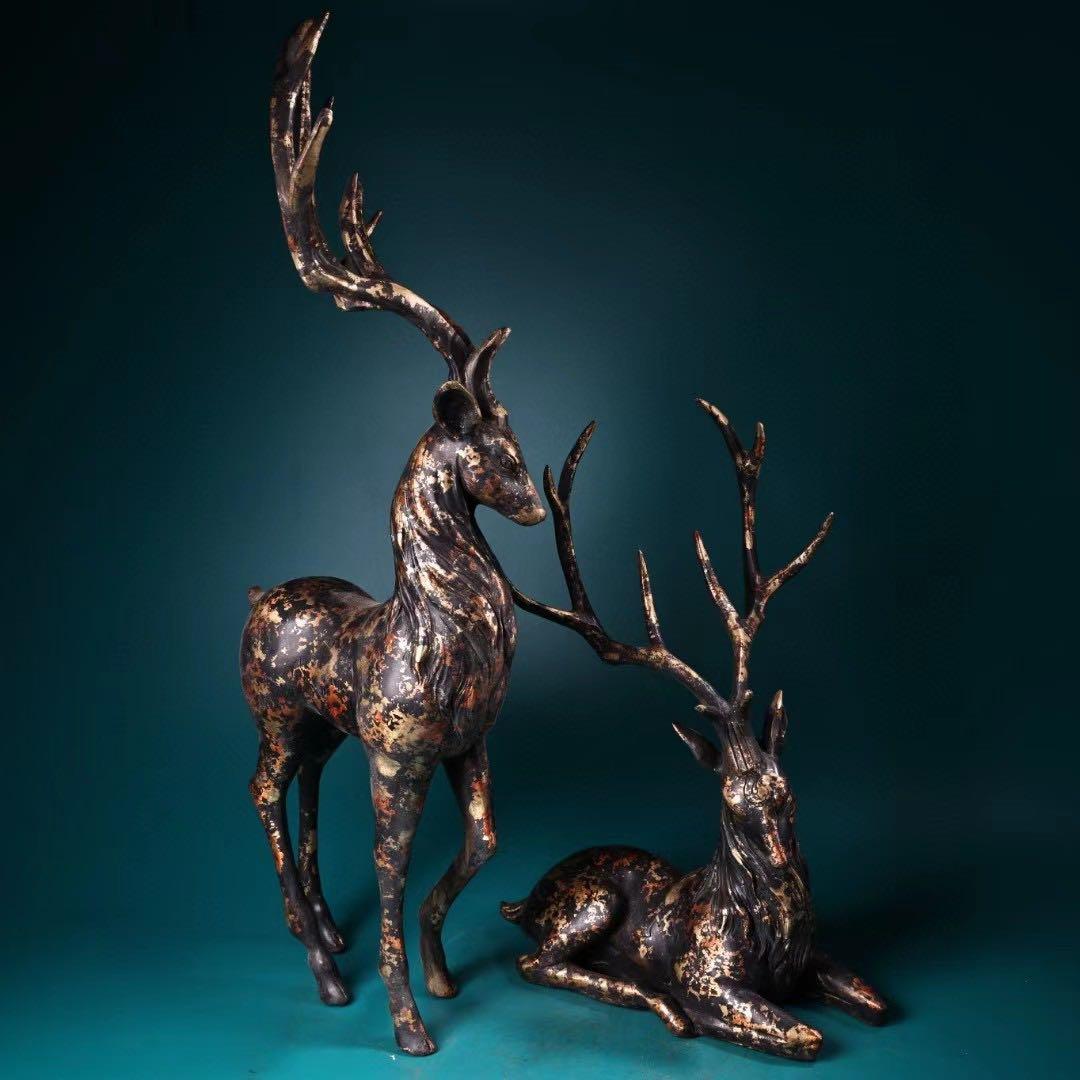 中国古美術・旧蔵古銅鎏金・梅花鹿セット4kg・古玩銅器・文房置物・風水開運・瑞獣