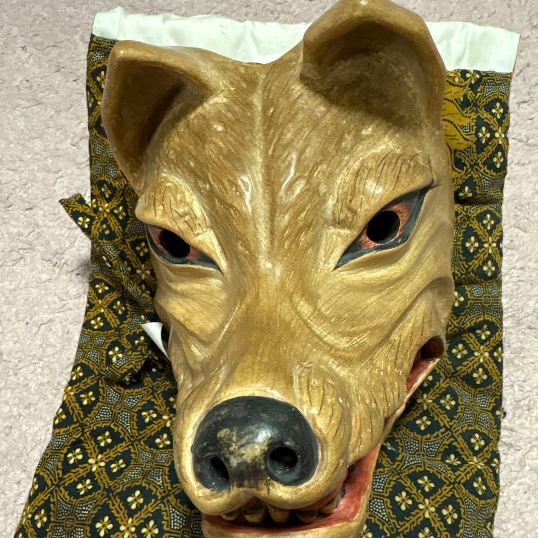 木製犬面 能面 伝統的装飾付き　狐
