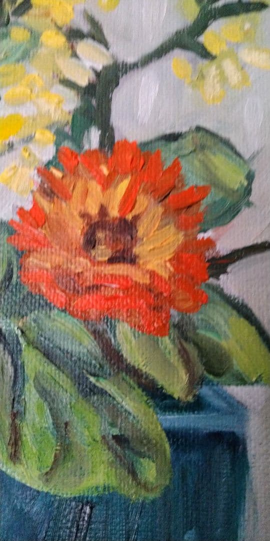 青い花瓶の花の油彩画