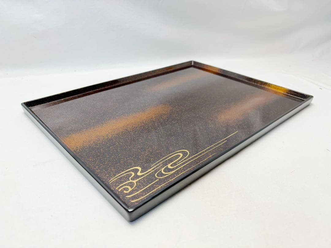 未使用 懐石道具 輪島塗 木製黒真塗 金梨地 波蒔絵 卓上膳 会席膳 5客揃共箱