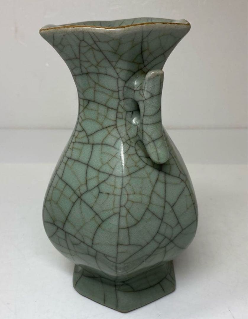 国古窯　哥窯青磁ヒビ焼　花瓶　高さ約18.4㎝