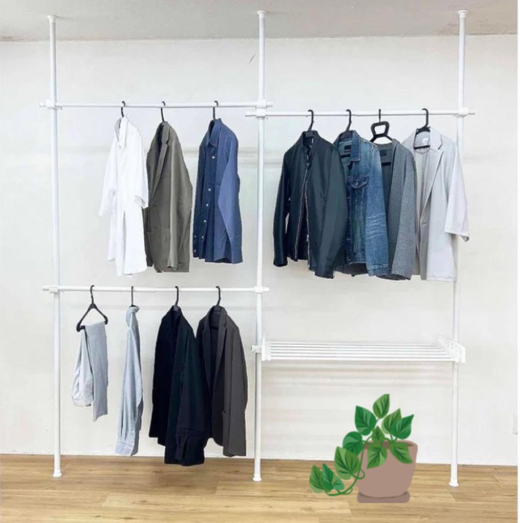 【新品】Yoquna 突っ張り式 ハンガーラック トリプル+棚付き ホワイト