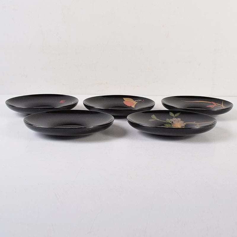 輪島塗　五作家　榎木盛　小森克巳など　草花蒔絵　茶托　五客　共箱　MR8548B