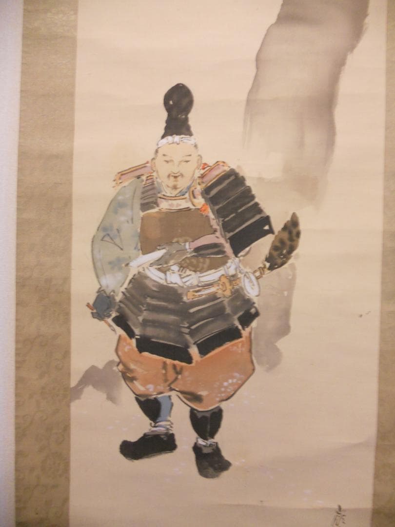 掛け軸 嶺亭 桜と武者 絹本 希少 軸装 茶道具 掛軸 美品 です。