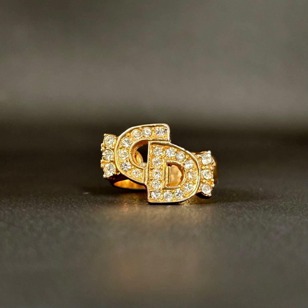 【良品】【クリスチャンディオール】CD ロゴ ラインストーン リング 12号