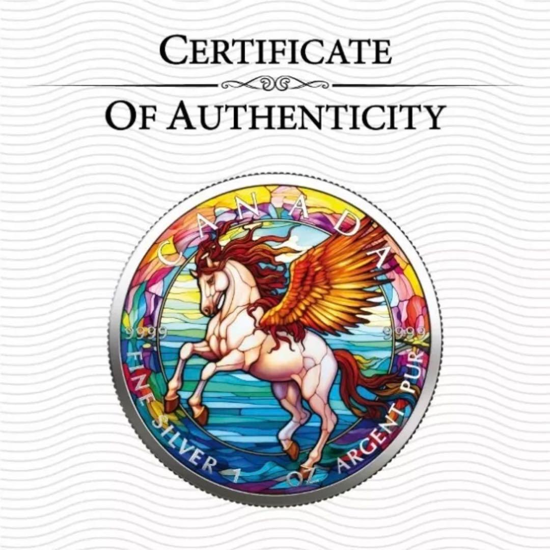 世界100枚 カナダ メイプルリーフ 銀貨 カラー ステンドグラスペガサス