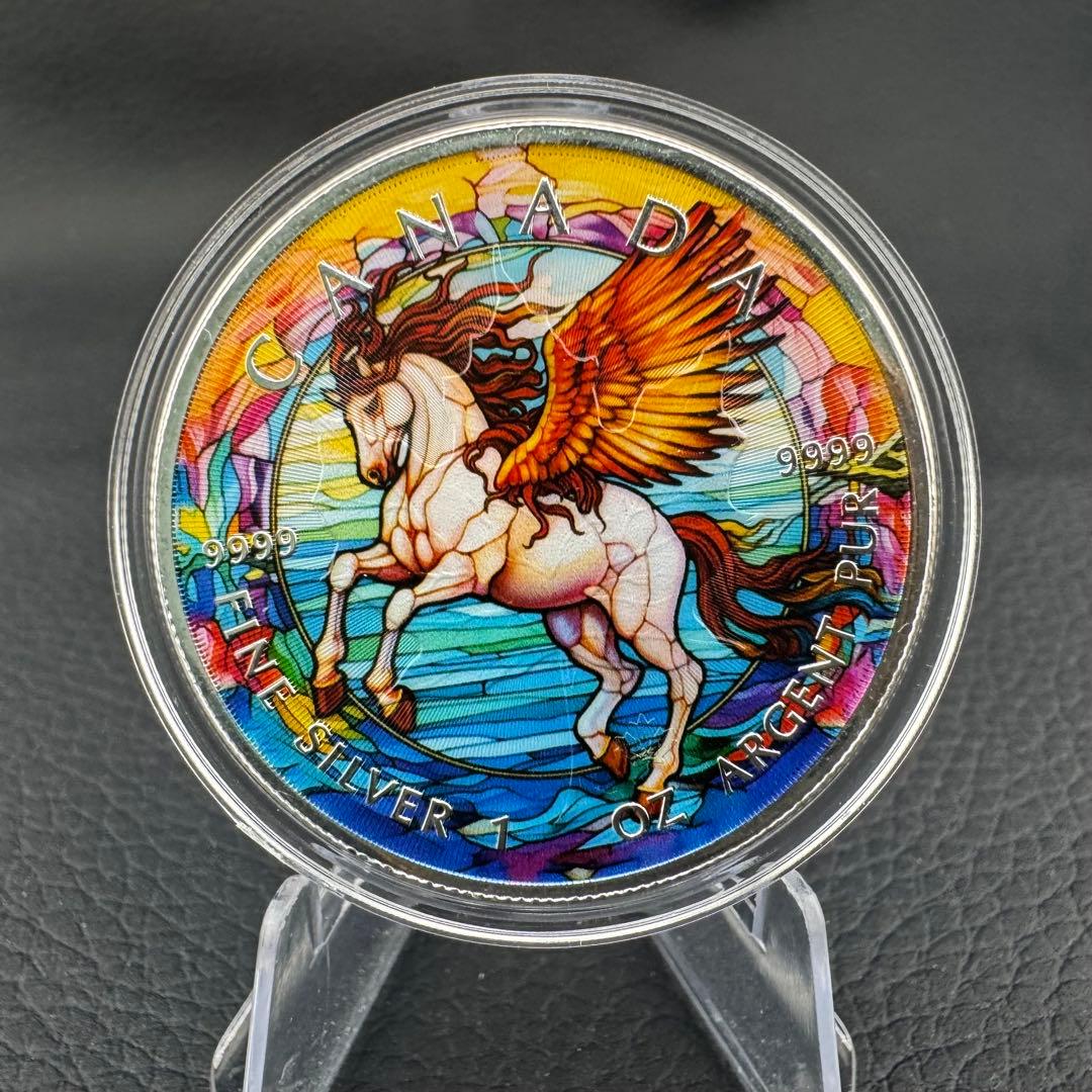 世界100枚 カナダ メイプルリーフ 銀貨 カラー ステンドグラスペガサス