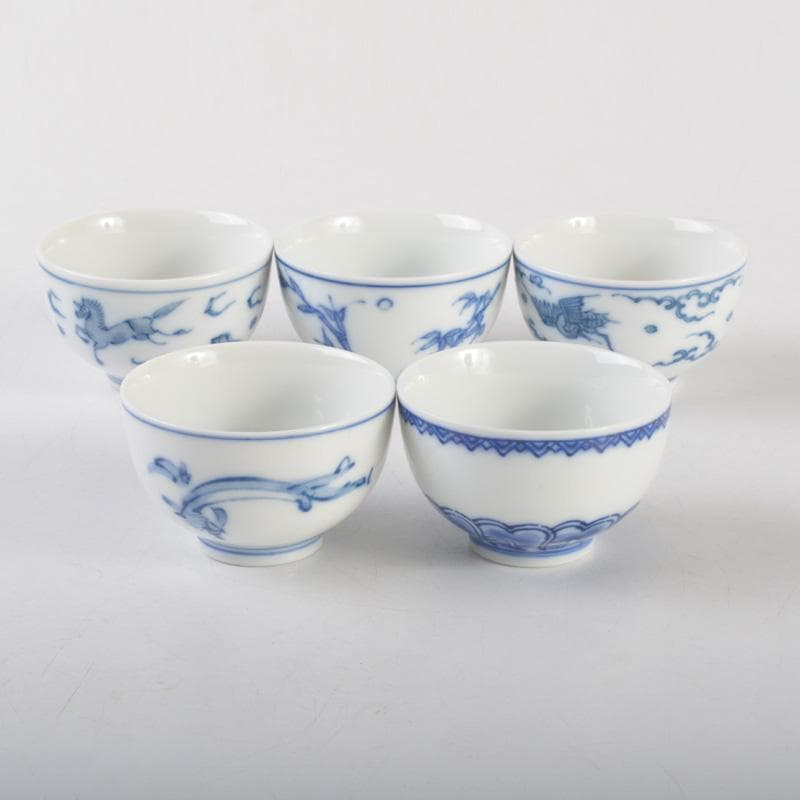 煎茶道具　賣茶好　染付　絵変　干支　煎茶碗　五客　共箱　V　6543