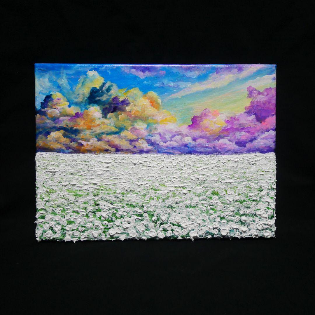 油絵 油彩 油彩画 絵 絵画【朝焼けの草原に咲く白い花と朝日】