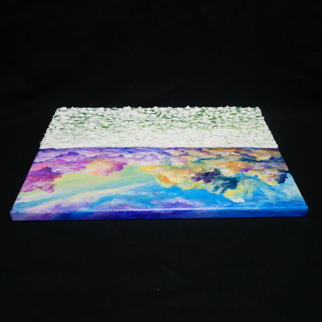 油絵 油彩 油彩画 絵 絵画【朝焼けの草原に咲く白い花と朝日】