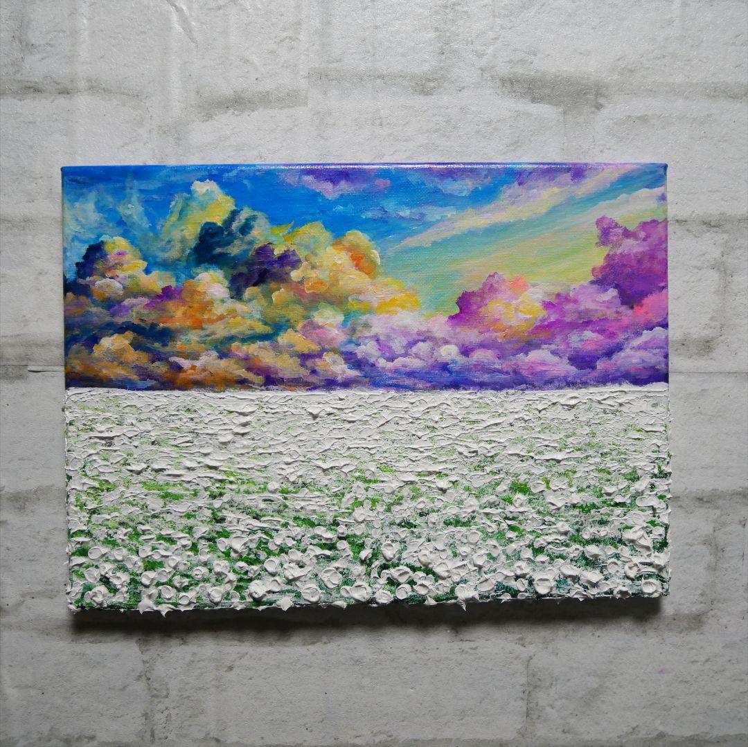 油絵 油彩 油彩画 絵 絵画【朝焼けの草原に咲く白い花と朝日】