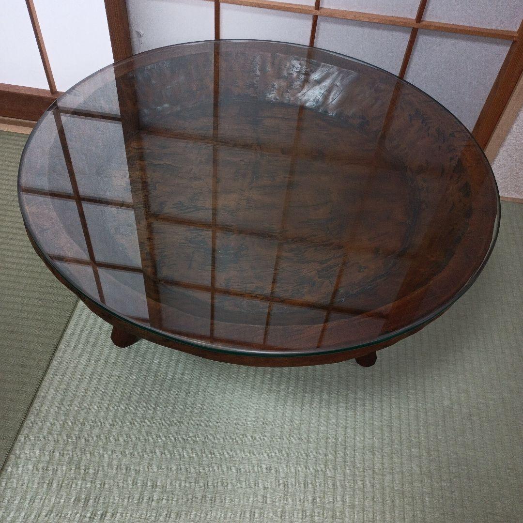 希少　古民家蔵出し品　天然木　座卓　丸テーブル　手彫り　ガラス板付き