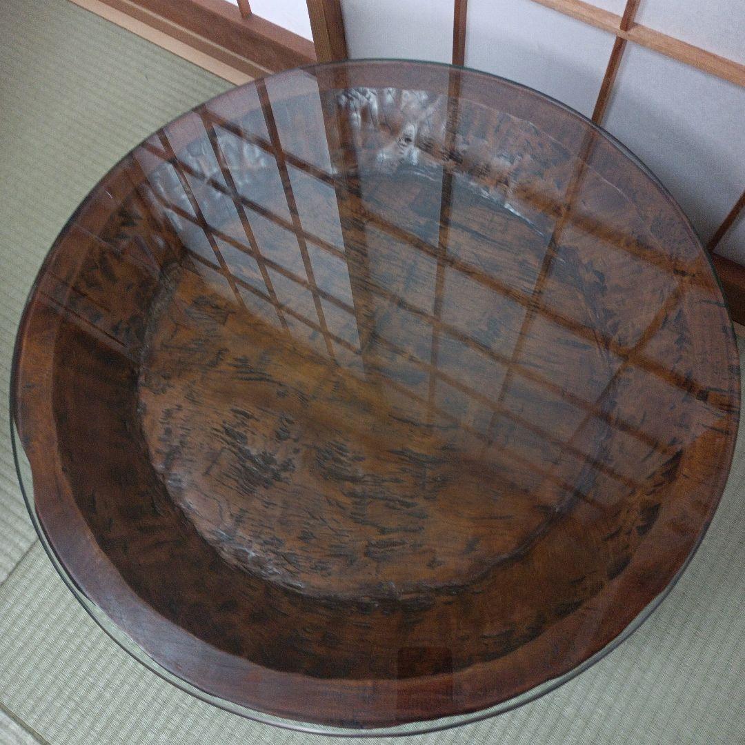希少　古民家蔵出し品　天然木　座卓　丸テーブル　手彫り　ガラス板付き