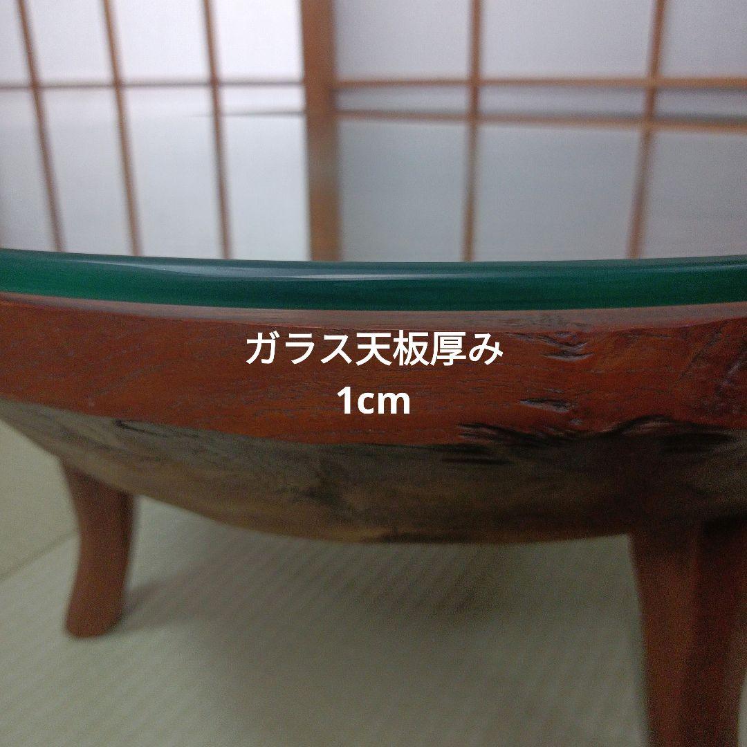 希少　古民家蔵出し品　天然木　座卓　丸テーブル　手彫り　ガラス板付き