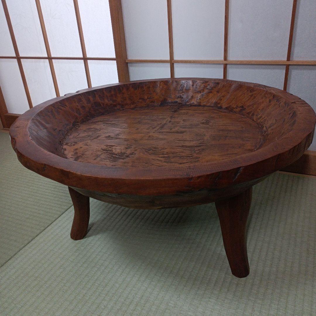 希少　古民家蔵出し品　天然木　座卓　丸テーブル　手彫り　ガラス板付き