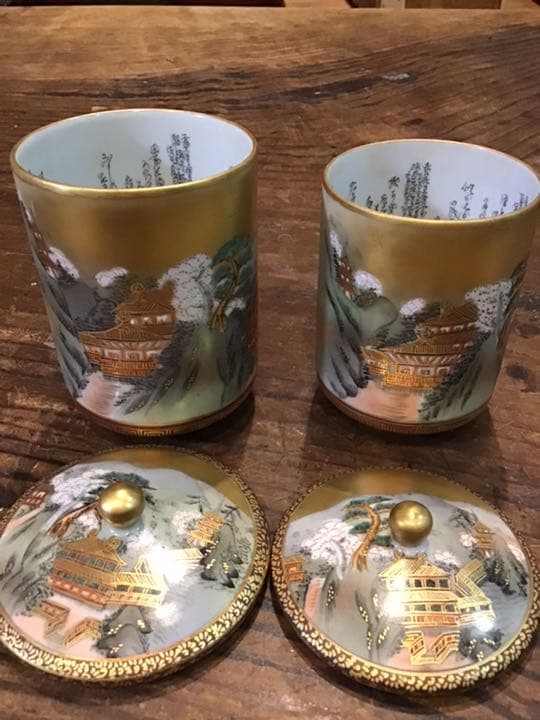 本金色絵楼閣山水図　組み湯呑