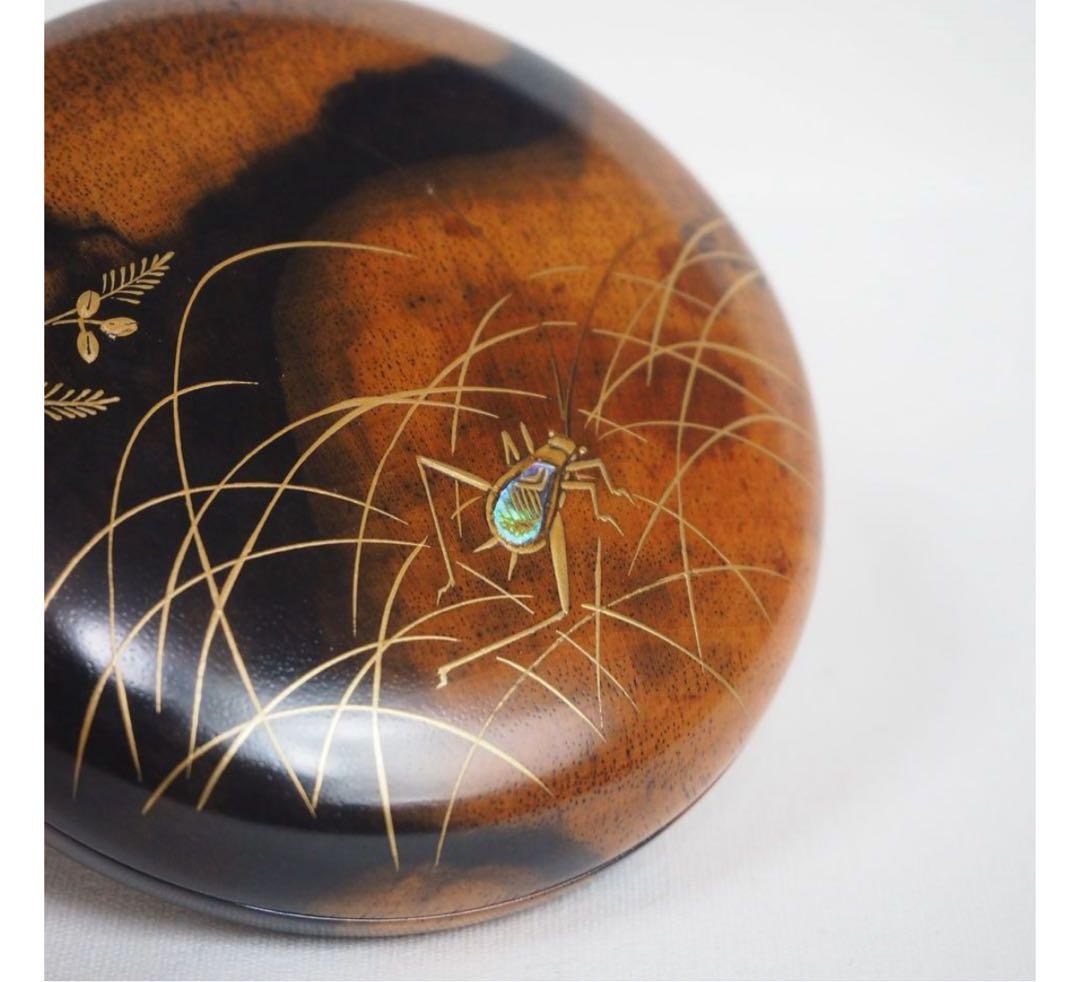送料無料　極上品　銘木黒柿　鈴虫蒔絵螺鈿香合　秀逸作　茶道具